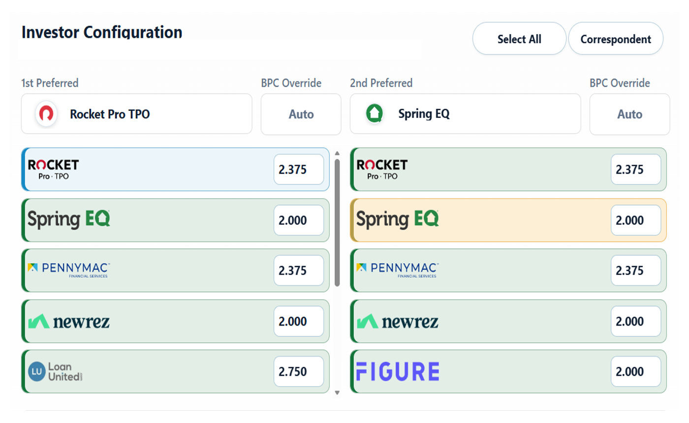 Investor configuration controls
