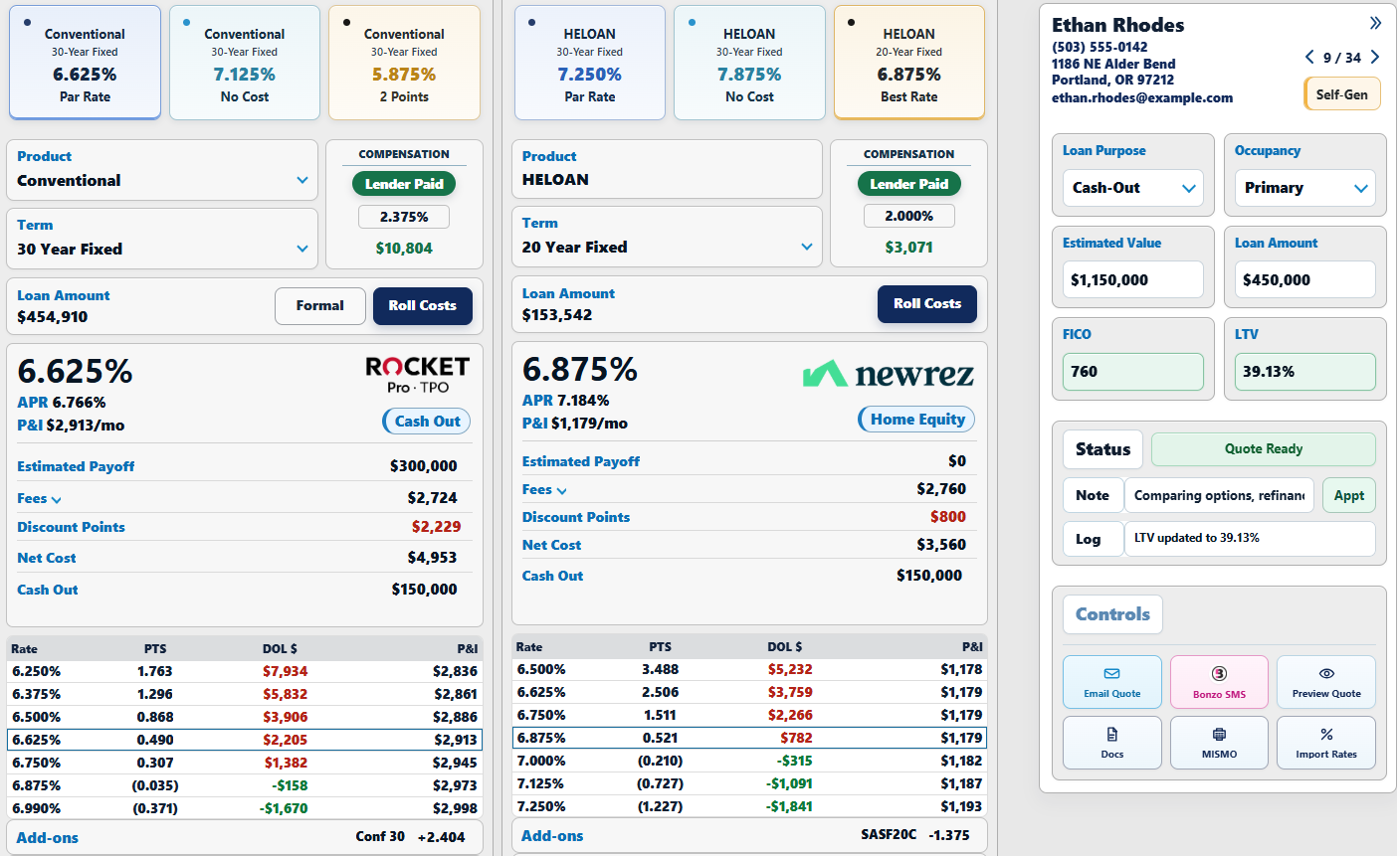 Side-by-side mortgage comparison with lead details and quote actions